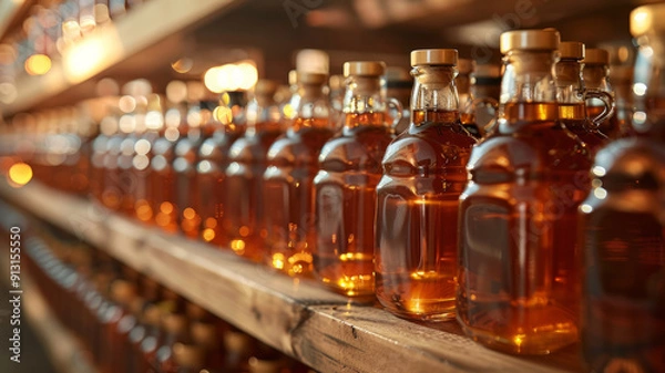 Fototapeta Rows of maple syrup bottles on wooden shelves.