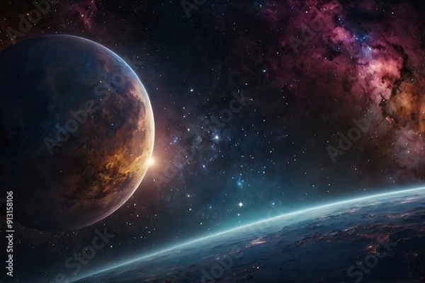 Obraz Abstract unique background of astronomical space illustration in endless infinity, combination of catchy colors on black theme