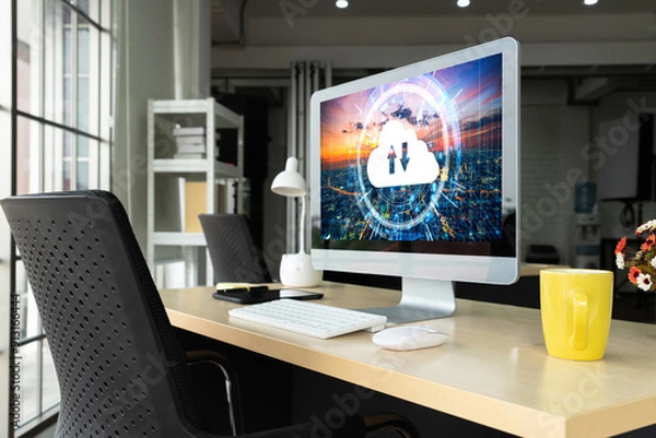 Fototapeta Cloud computing software for modish remote work and personal data storage