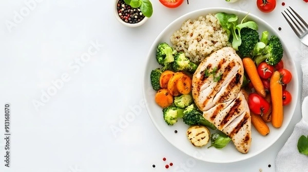 Fototapeta A realistic top view of a plate of grilled chicken breast with a side of steamed vegetables and quinoa, arranged on a white background, Healthy Food.