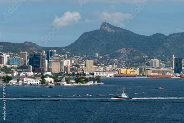 Fototapeta Rio de Janeiro Skyline from Rio Niteroi Bridge - Sugarloaf Mountain and Christ the Redeemer Statue Corcovado in the background