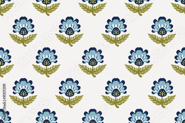 Fototapeta Floral ethnic ikat seamless pattern traditional design for background, carpet, wallpaper, clothing, wrapping, fabric, vector illustration, embroidery style, Ajrakh, block print, batik print allovers