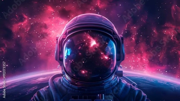 Fototapeta A space suit astronaut is standing on a planet with a purple sky