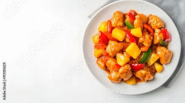 Obraz A realistic top view of a plate of sweet and sour chicken with bell peppers and pineapple chunks, arranged on a white background, chinese food