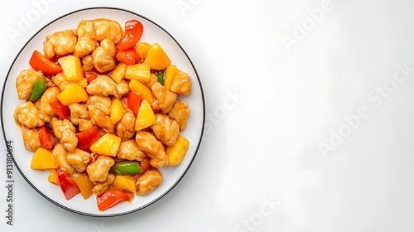 Obraz A realistic top view of a plate of sweet and sour chicken with bell peppers and pineapple chunks, arranged on a white background, chinese food