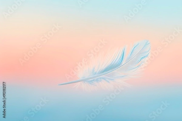 Fototapeta A serene, pastel gradient with soft hues of blue and pink, featuring a single, delicate white feather floating mid-air. Minimalist, calming composition evoking tranquility and lightness.