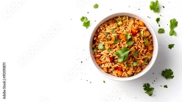 Fototapeta A realistic top view of a bowl of Mexican rice with vegetables and a sprinkle of fresh cilantro, set against a white background, mexican food