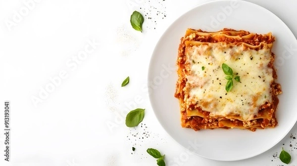 Fototapeta A realistic top view of a plate of Italian lasagna with layers of meat, cheese, and marinara sauce, served on a white background, italian food