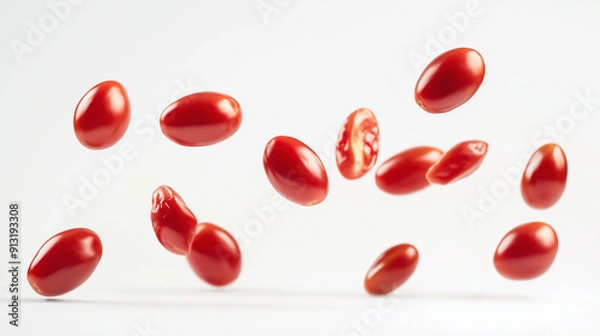 Obraz Falling cherry tomatoes isolated on white background 