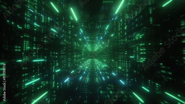 Fototapeta Futuristic digital tunnel with vibrant green lights and data streams, representing technology and innovation in cyberspace.