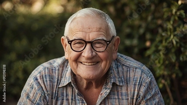 Fototapeta A man with glasses is smiling and wearing a plaid shirt