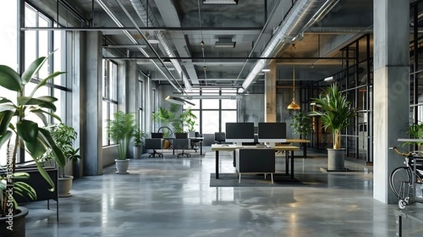 Fototapeta Modern empty blank interior office room for work, Mockup Frame-Minimalistic concrete coworking office