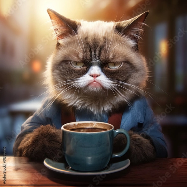 Fototapeta Portrait of grumpy, not waking up cat with blue cappuccino cup of coffee early in the morning at the cafe table.