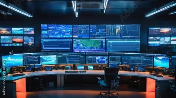 Fototapeta Modern Control Room With Multiple Monitors
