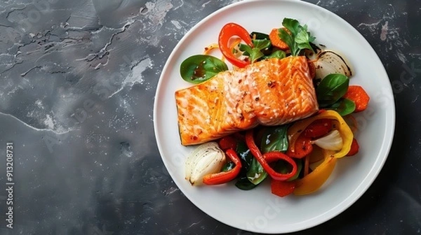 Fototapeta A close-up of grilled salmon with lemon slices and cherry tomatoes, symbolizing gourmet cuisine and fresh flavors.