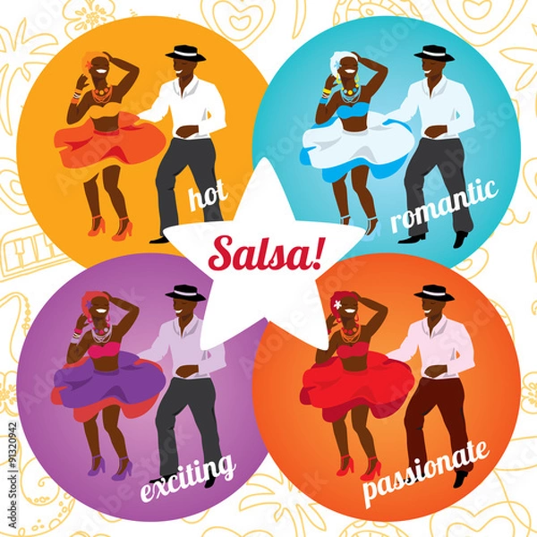 Fototapeta Salsa party or dance school poster with dancing cuban couple in different colors.