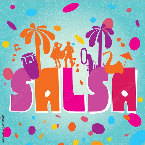 Obraz Salsa vector lettering with silhouettes of palms, musical instruments and confetti. Modern illustration, design element.