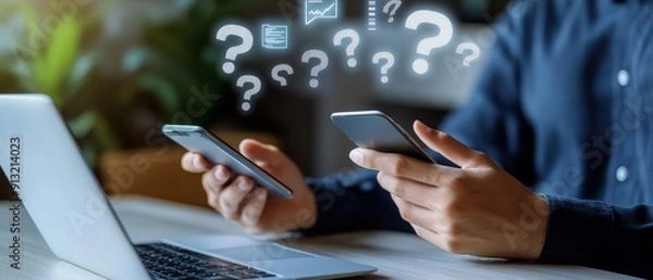 Fototapeta Hands on Mobile Phone and Laptop with Floating Digital Question Marks