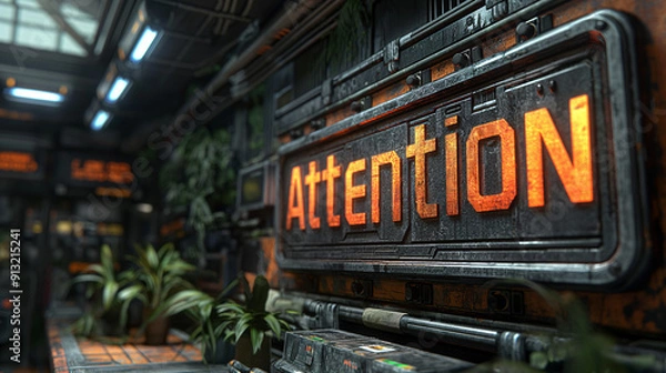 Fototapeta A glowing Attention sign stands out in a tech-inspired industrial space filled with green plants and intricate machinery