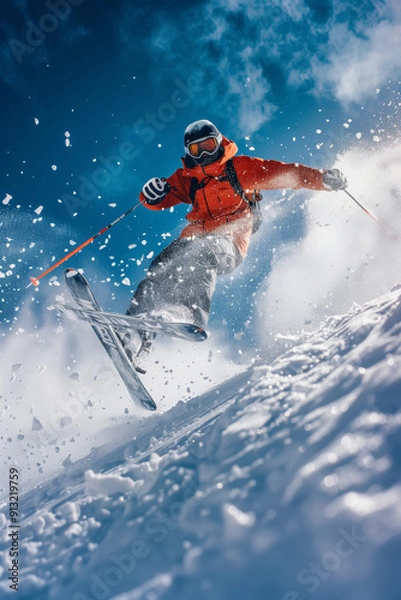 Fototapeta Dynamic Skier Leaps Through Powdered Snow Beneath a Brilliantly Blue Sky