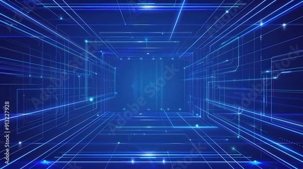 Fototapeta Futuristic blue digital abstract background with glowing lines and geometric patterns, perfect for technology and innovation themes.