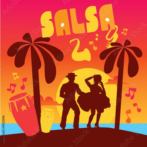 Obraz Salsa dancing poster for the party. Cuban couple dance salsa at sunset beach. Musical instruments on seaside.