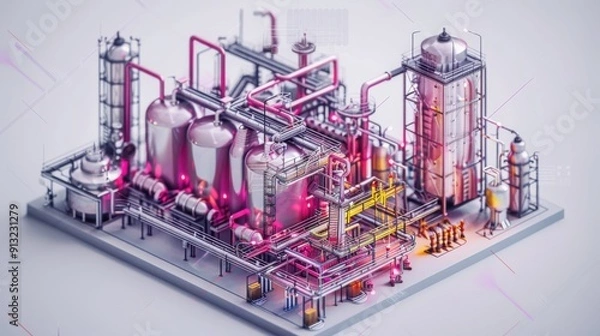 Fototapeta Industrial Chemical Processing Plant Model With Pipelines