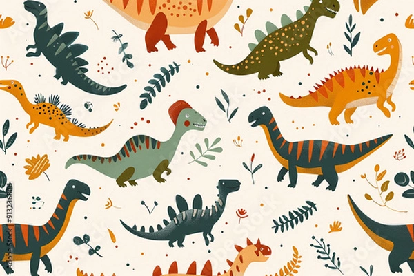 Fototapeta Seamless wallpaper pattern featuring a variety of dinosaurs in a playful and dynamic design, perfect for creating an engaging and adventurous environment in children's rooms or themed spaces.