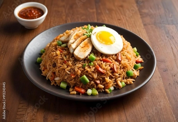 Fototapeta Close-up of fried rice nasi goreng with chicken slices, a fried egg, and green onions on a wooden table.

