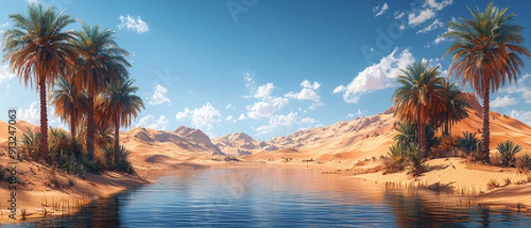 Fototapeta Desert oasis with a cluster of palm trees around a water source