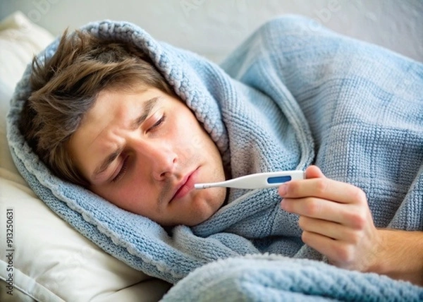 Fototapeta A person with a fever lying under a blanket with a thermometer by their side.