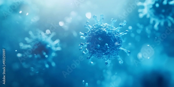 Fototapeta Blue background with a blurred microscopic perspective of a blue virus