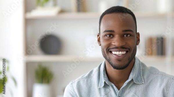 Fototapeta Cheerful Man with Dimples Connecting in Casual Studio Setting