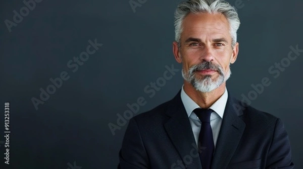 Fototapeta Confident Mature Businessman in Tailored Suit with Serious Expression in Studio Setting