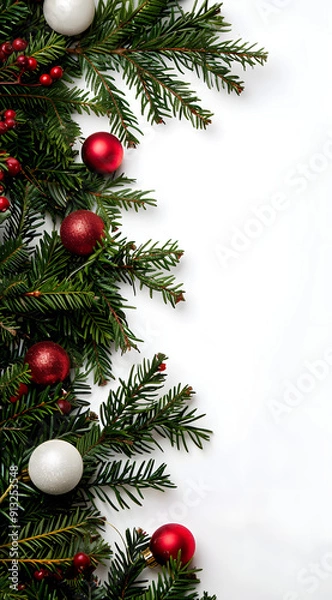 Fototapeta Christmas Pine Branches with Red and White Ornaments
Festive arrangement of pine branches adorned with red and white ornaments and berries on a white background, perfect for holiday themes.

