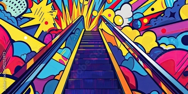 Fototapeta Colorful cartoon escalator in abstract design.