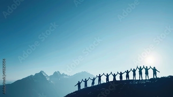 Fototapeta Unity in Nature - Diverse Group Creating Human Chain on Mountain Top, Symbolizing Solidarity and Strength