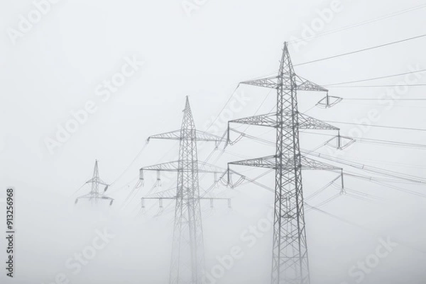 Fototapeta High Voltage Power Lines Amidst Dense Fog