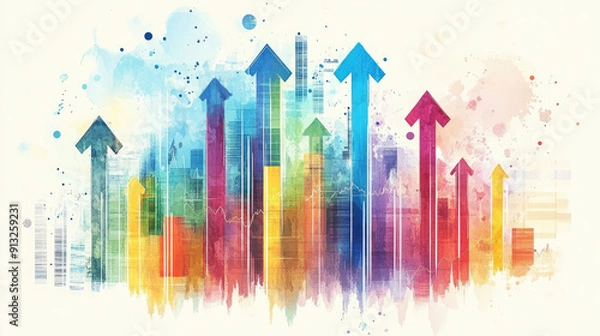 Obraz Colorful Abstract Financial Growth Chart with Upward Arrows and Cityscape Background