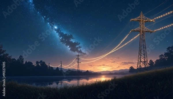Fototapeta Efficient Power Distribution Grid with High Voltage Tower at Night