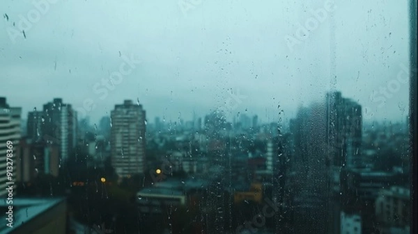 Obraz View out of the window ob a rainy day in the city