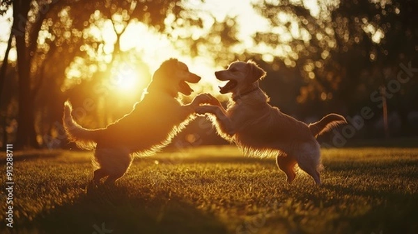 Obraz Dogs playing together in a park in the sun