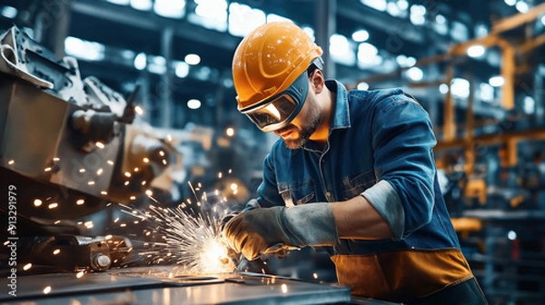 Fototapeta Industrial worker wearing safety gear and using a grinding machine, producing sparks in a factory setting.