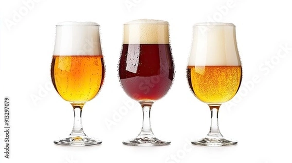 Fototapeta Group of three distinct beer glasses on white background, designed with clipping paths for clear, professional use