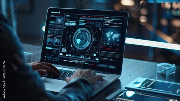 Fototapeta Futuristic user interface on a laptop: Man using AI software to create images, visual prompts displayed on the screen, and images generated by AI