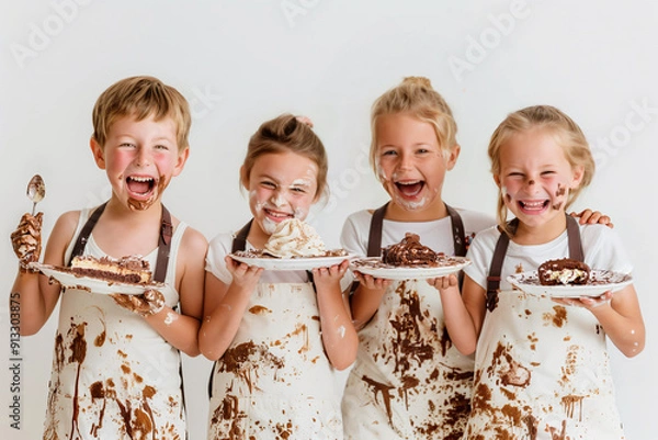 Obraz Four children wearing white aprons are completely dirty of chocolate & whipped cream, laughing & having fun together, showing the messy desserts & cakes they prepared on a dish.