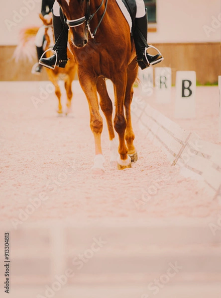 Fototapeta A beautiful sorrel horse, with a long tail, gallops at a dressage competition, with a rider seated firmly in the saddle, demonstrating the art of horseback riding.