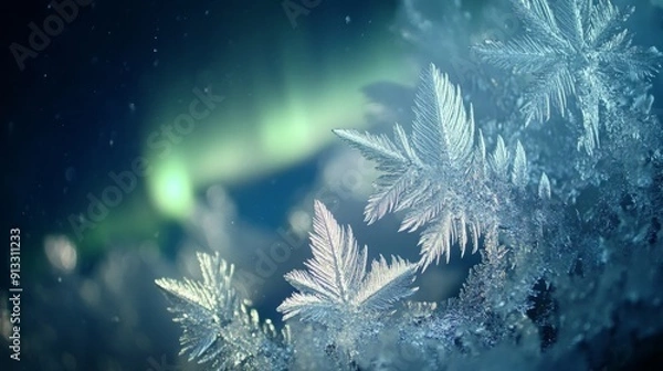 Fototapeta Close-up of ice crystals on a window with the Northern Lights visible in the background, creating a magical winter scene