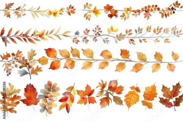Fototapeta A set of colorful watercolor autumn leaves and branches, perfect for fall-themed designs