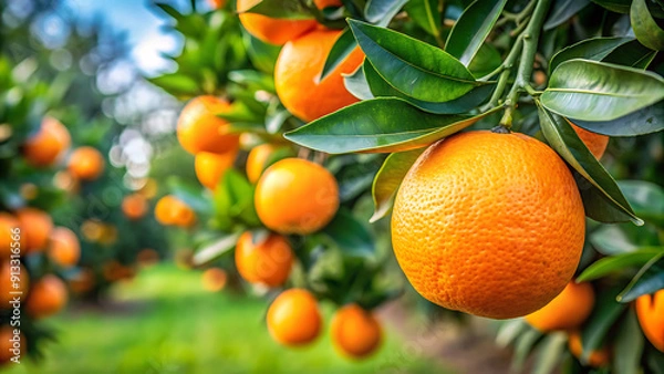 Fototapeta oranges on a branch with green leaves on tree. orange tree branches with ripe juicy fruits. natural fruit background outdoors. generative ai
